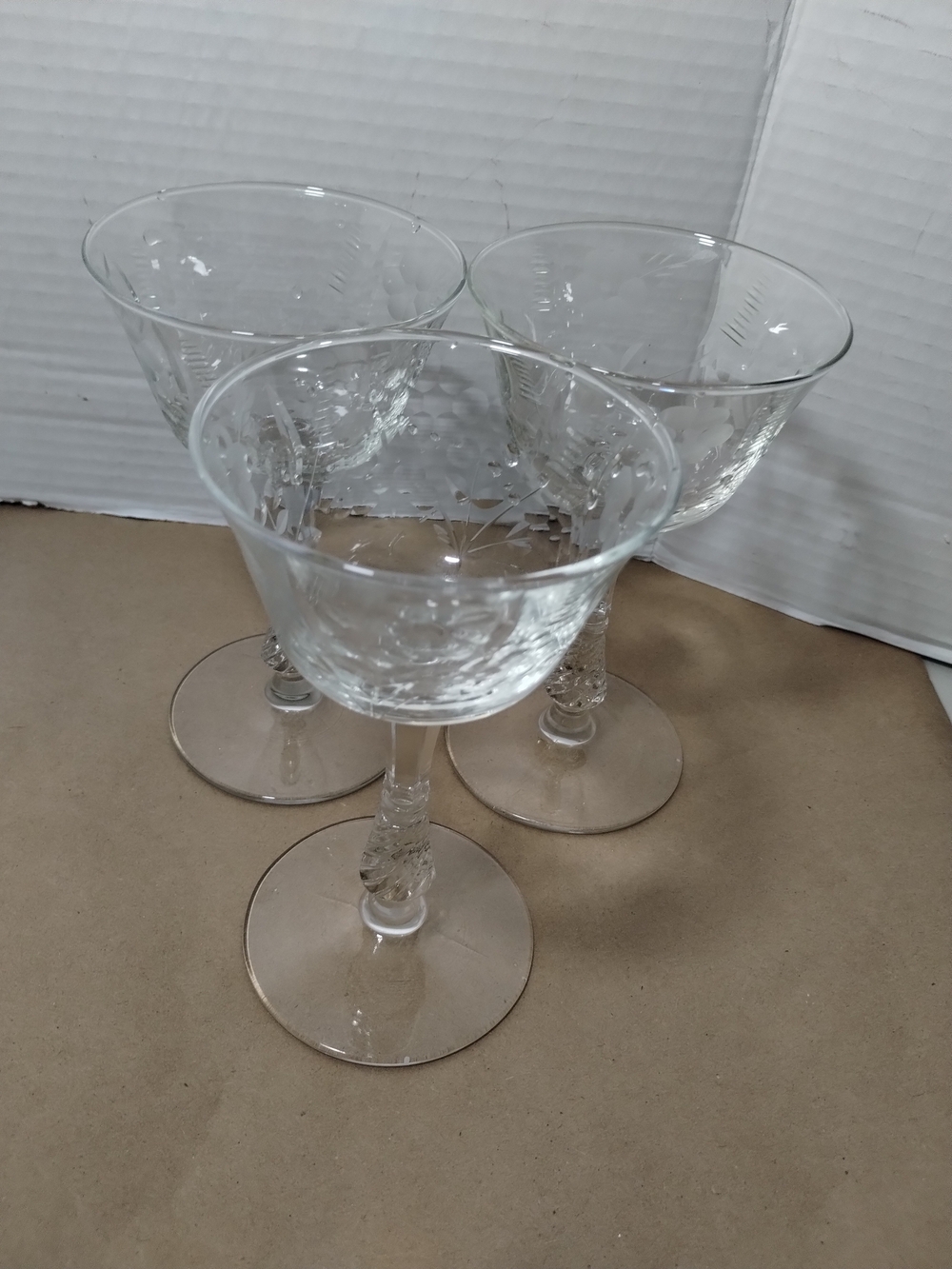 Clear Floral Etched Glass Wine Goblets - Set of 3